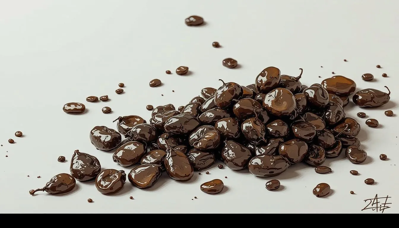 A close-up view of fresh rat droppings on a surface, highlighting their shiny and moist appearance.