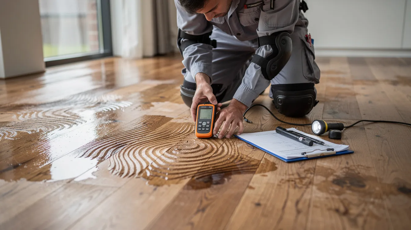 A professional restoration technician is closely examining water-damaged oak hardwood flooring, which displays noticeable cupping patterns indicative of moisture issues. The technician is likely assessing the affected area for potential hardwood floor restoration and repair services to prevent further damage and restore the wood floors to their pre-loss condition.