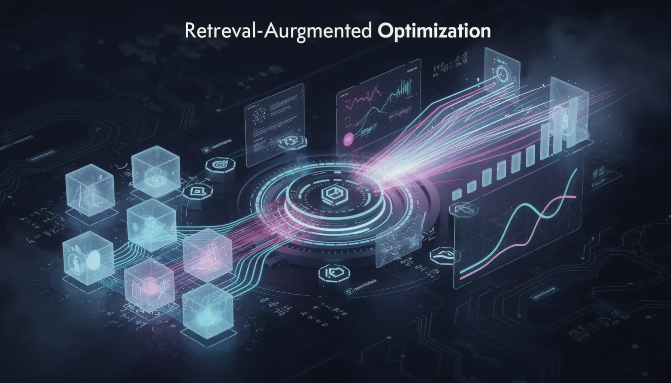 The image illustrates the concept of Retrieval-Augmented Optimization, showcasing a flowchart that connects user queries to large language models through various data sources, including external knowledge bases and vector databases. It emphasizes the importance of accurate responses and relevant information retrieval in generative AI models, highlighting the hybrid search process that integrates static training data with up-to-date external data to enhance the quality of answers provided.