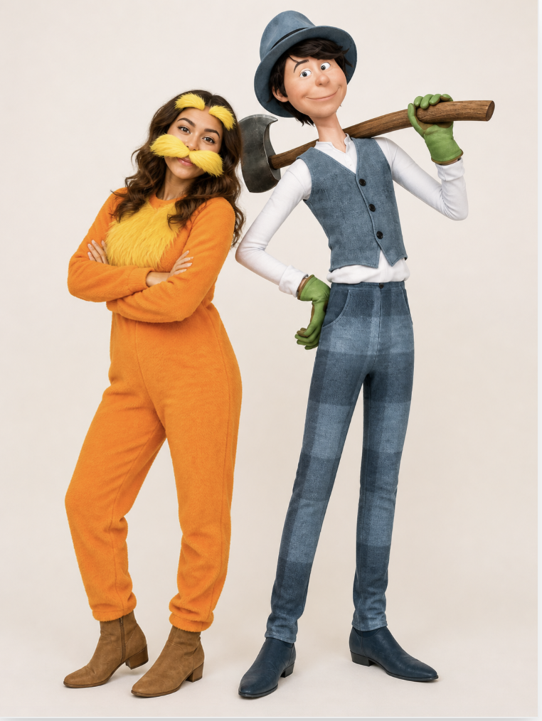 Dr. suess the lorax costume, wide elastic straps featuring hook and a distinctive feature of mustache and eyebrows, for a great halloween costume, jumpsuit, halloween costume