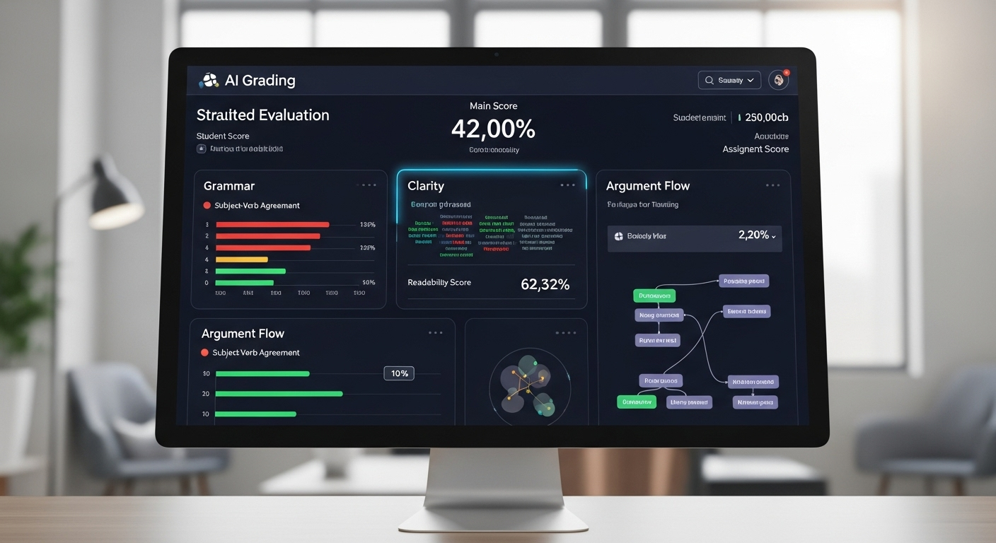 AI-powered grading dashboard showing structured evaluation of grammar, clarity, and argument flow.