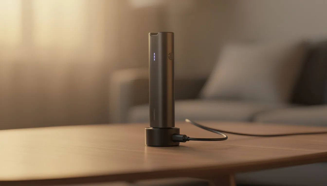 Ein moderner Vaporizer mit elegantem Design wird über ein USB-C-Kabel aufgeladen, während warmes Licht den Raum erhellt. Der Pax Flow Vaporizer bietet eine effiziente Hybridheizung für die Extraktion von Kräutern und sorgt für ein angenehmes Dampferlebnis im Alltag.