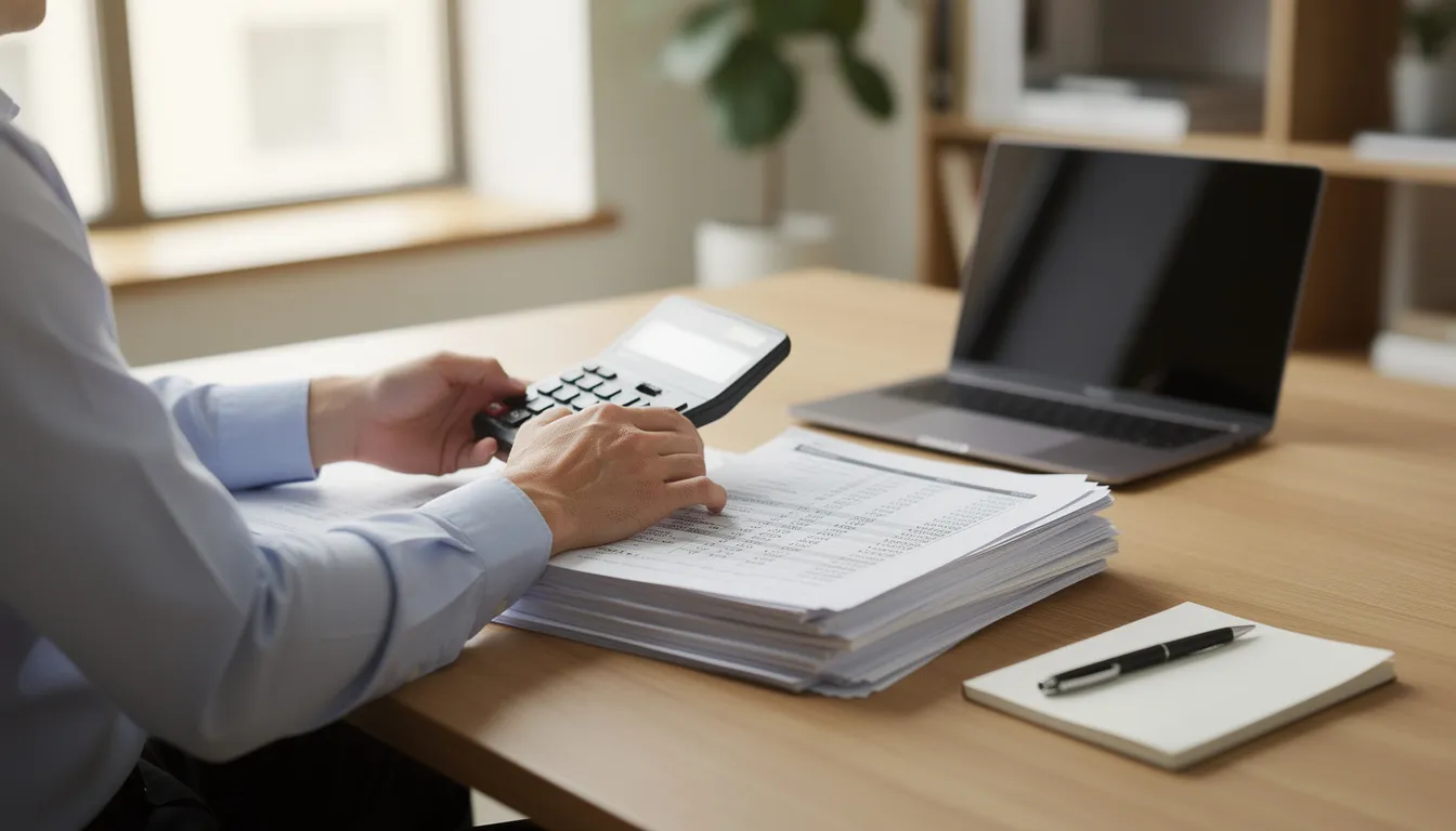 The image shows a person sitting at a desk, using a calculator while examining various financial documents, likely related to their current mortgage or home equity options. This scene captures the process of reviewing important financial decisions, such as applying for a home equity loan or considering a cash-out refinance.