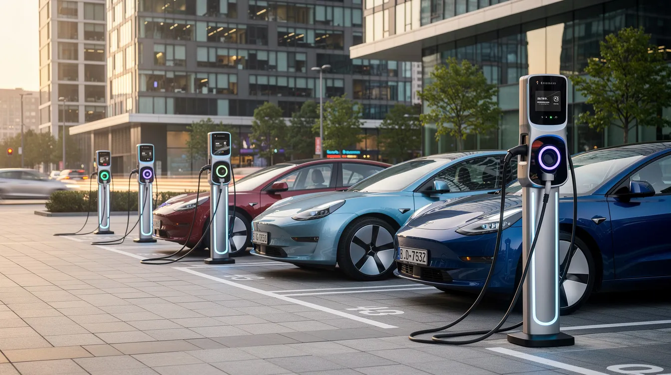 Die moderne Ladestation für Elektrofahrzeuge ist vor einem urbanen Hintergrund mit mehreren Ladepunkten zu sehen, die den Zugang zu umweltfreundlicher Mobilität erleichtern. Diese innovative Lösung spiegelt den Trend wider, den auch prominente Investoren wie Nico Rosberg unterstützen, um die Zukunft des Motorsports und der Elektromobilität zu gestalten.