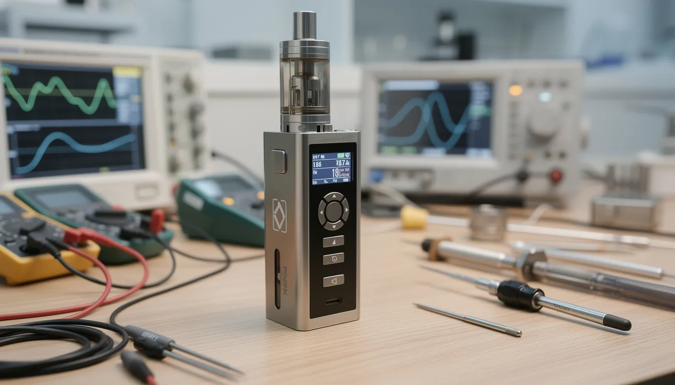 Auf einem Holztisch liegt ein moderner Vaporizer, umgeben von Testequipment und Messgeräten, die für eine präzise Temperaturkontrolle und optimale Vaping-Erlebnisse sorgen. Neben dem Gerät sind Dosing-Kapseln und Isopropylalkohol-Pads platziert, um die Reinigung und Wartung zu erleichtern.