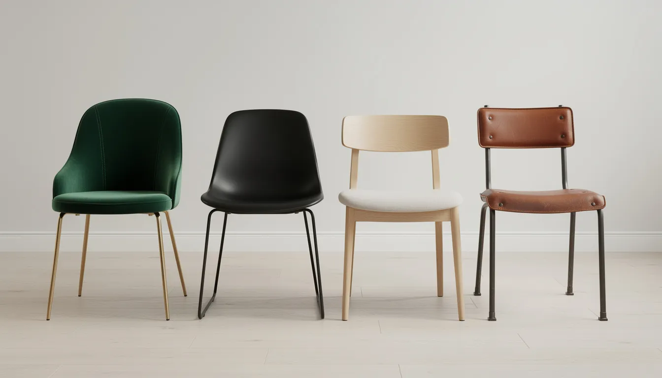 De afbeelding toont vier verschillende stijlen design eetkamerstoelen naast elkaar: een chique hotelstoel, een moderne stoel, een Scandinavische stoel en een industriële stoel. Elke stoel heeft zijn eigen unieke uitstraling en is gemaakt van hoogwaardige materialen, perfect voor het creëren van een gezellige sfeer in de eetkamer.