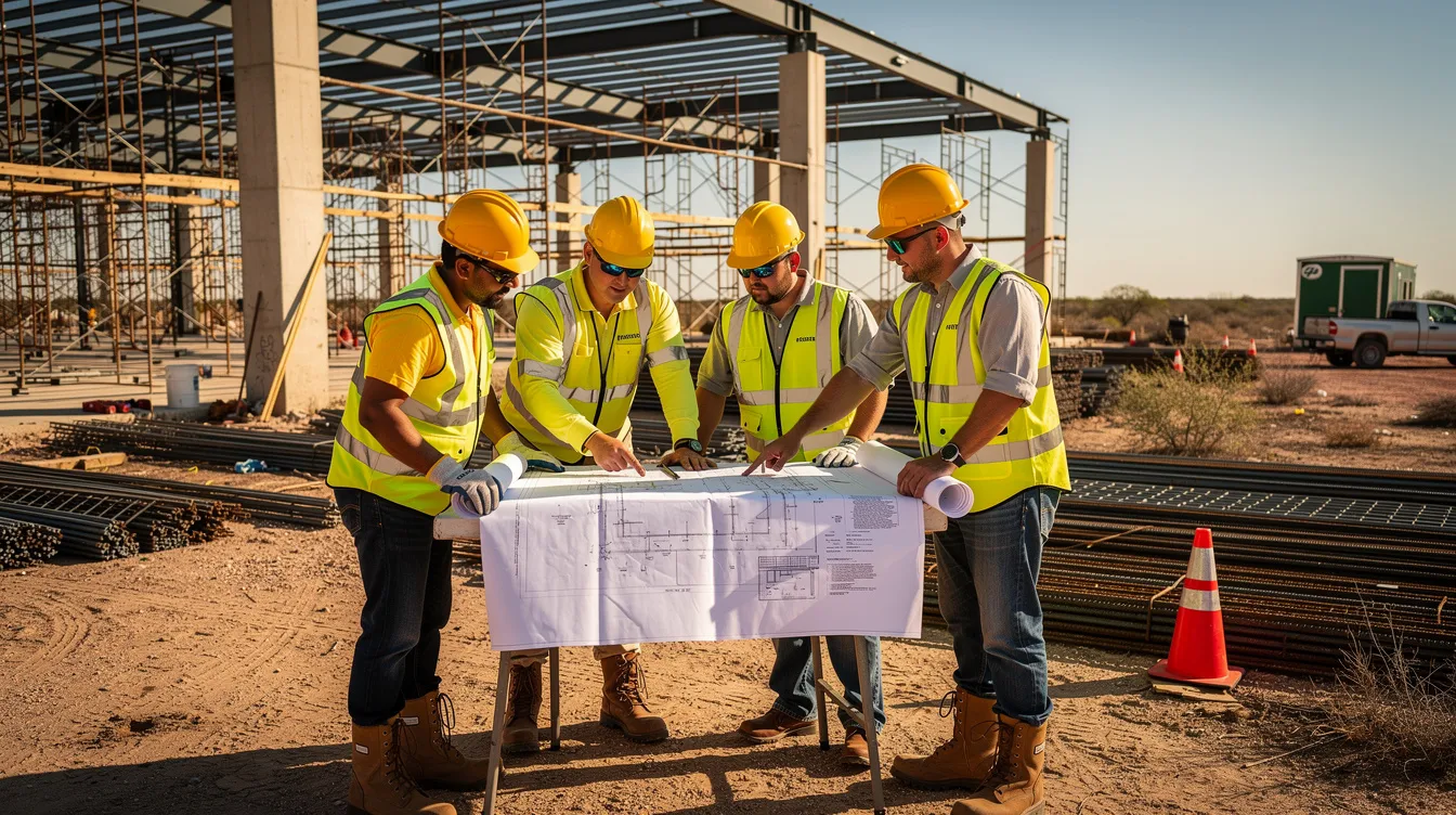 A group of construction workers in hard hats collaborates on project plans at a commercial job site under the bright sun in South Texas. This scene highlights the importance of skilled labor and on-the-job training within the construction industry as they prepare for upcoming construction projects.