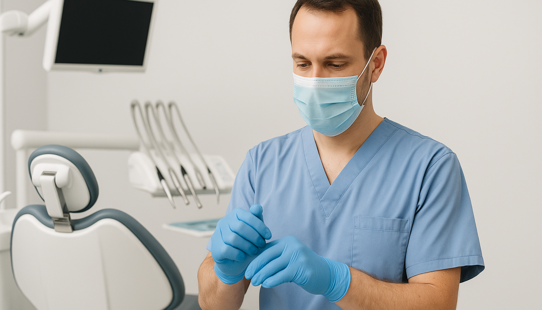 Trekke tann på blodfortynnende – Viktig å vite før inngrepet 12 Tannlege forbereder seg til prosedyre ved å ta på hansker i moderne klinikkmiljø.