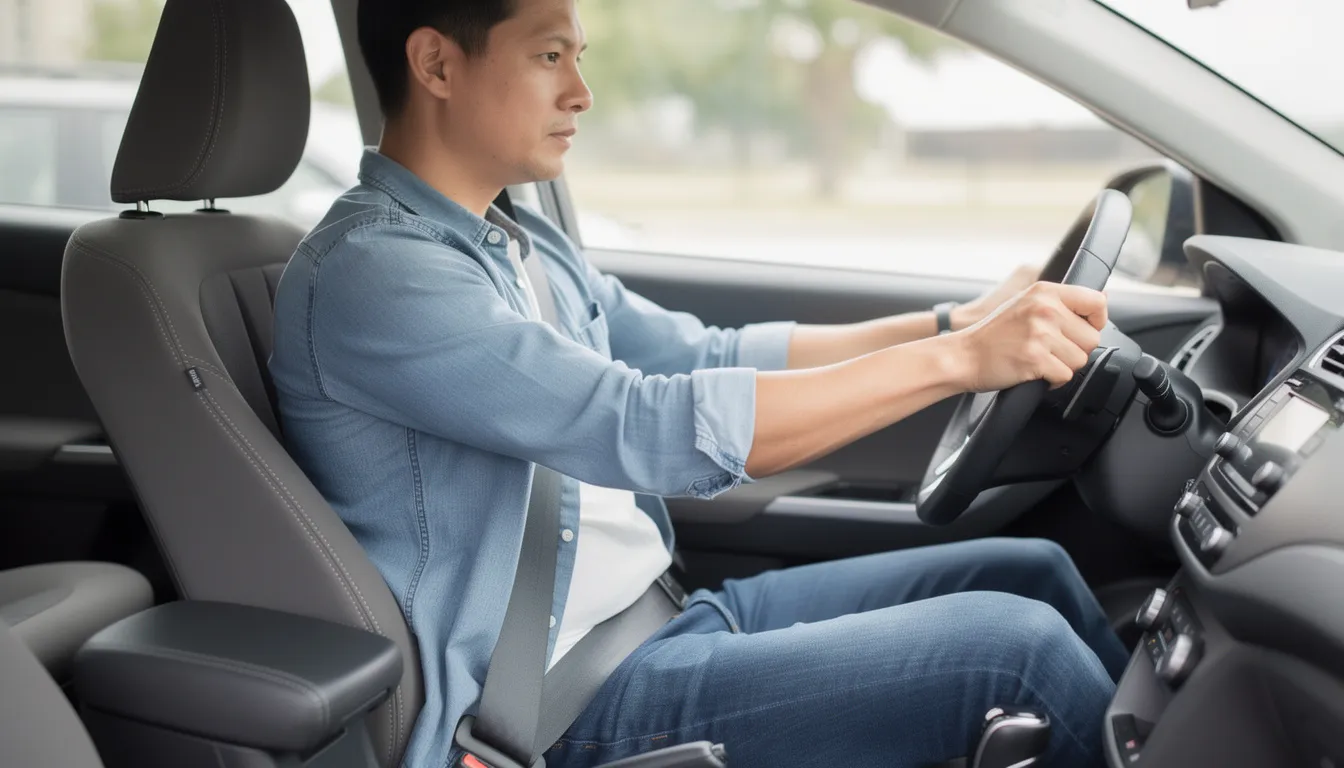 The image shows a driver securely wearing a seat belt, positioned correctly across their shoulders and hips, emphasizing the importance of safety in a vehicle. Proper seat belt use can prevent serious injury in case of an accident, highlighting the need for regular checks and repairs of seat belt mechanisms.