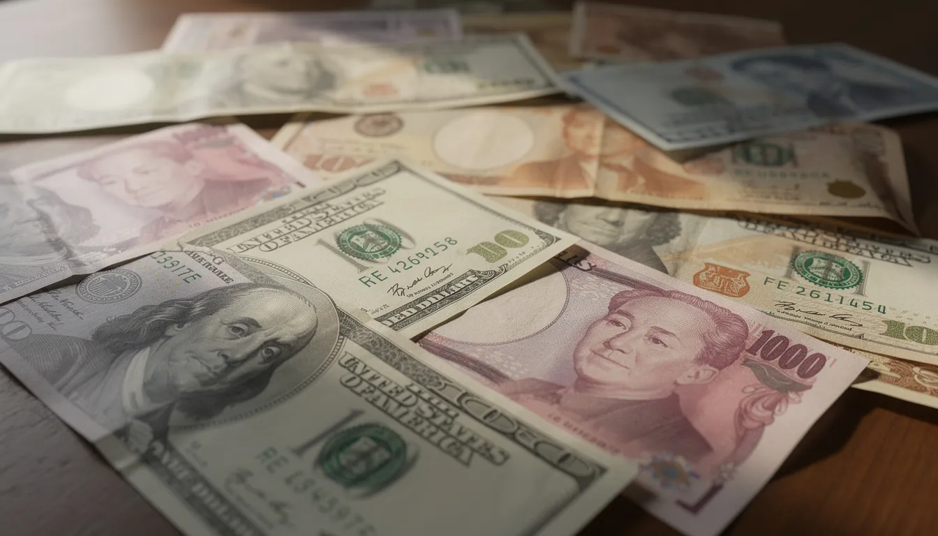 The image features an assortment of currency notes from various countries spread out on a table, symbolizing the diversity of the forex market and the opportunities in currency trading. This visual representation highlights the importance of understanding different national currencies for effective financial trading and risk management in the global marketplace.