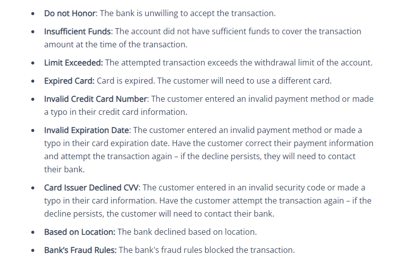 Common customer payment failure alerts