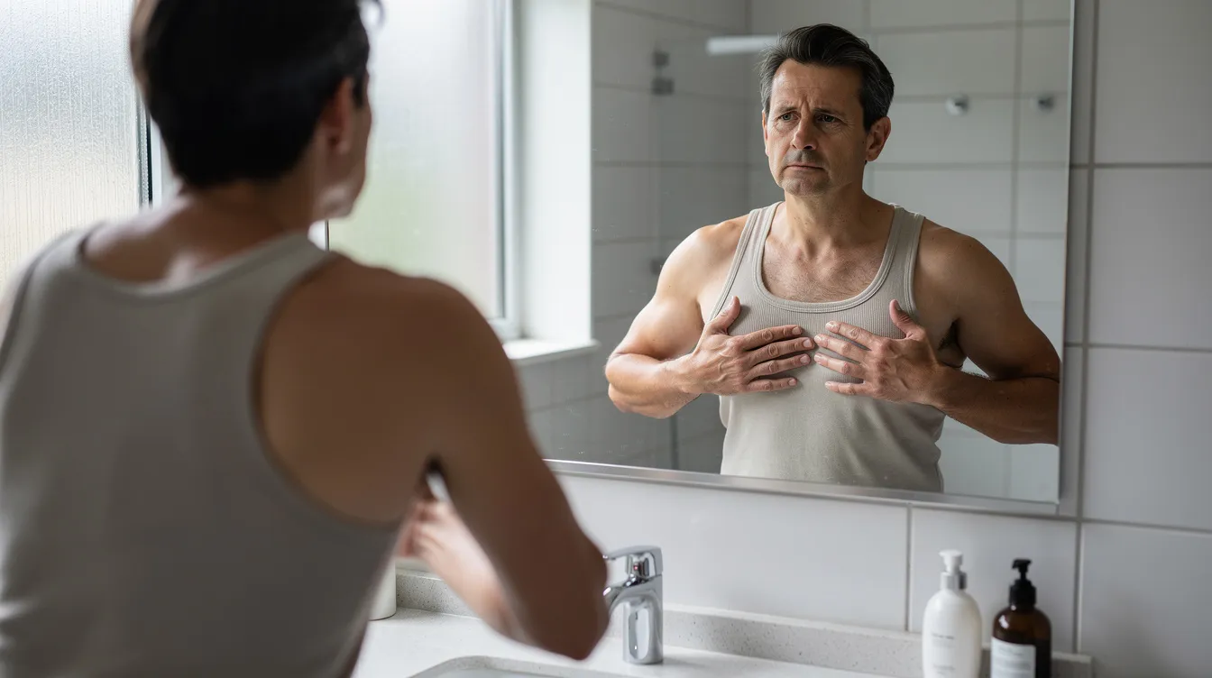 The image shows a person examining their chest with both hands in front of a mirror, focusing on the presence of glandular breast tissue and excess chest fat. This self-assessment may relate to concerns about gynecomastia versus regular chest fat, highlighting issues such as hormonal imbalances or unwanted chest fullness.