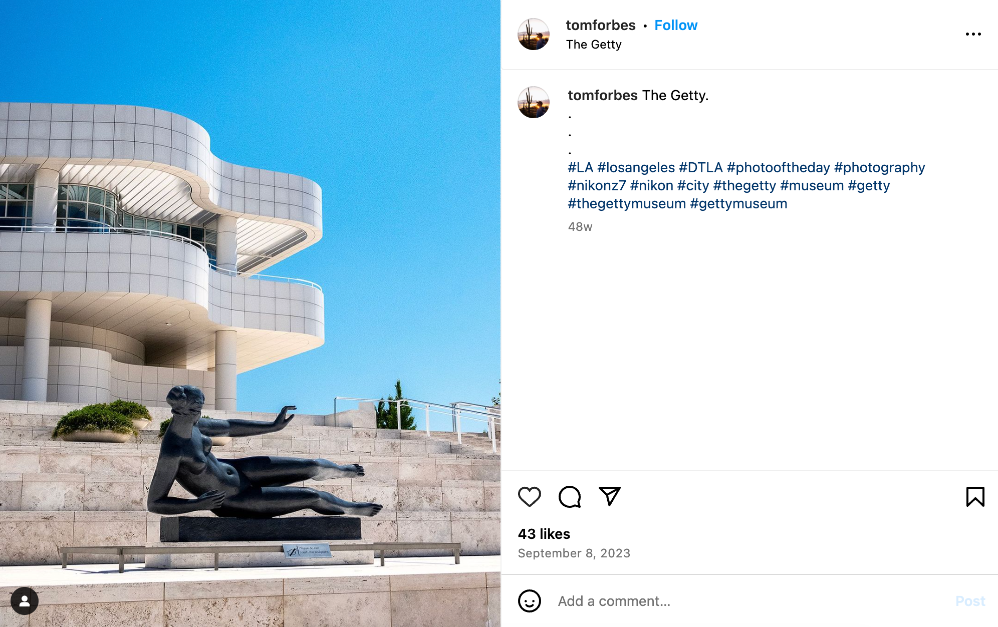 Instagram image of the Getty Museum in Los Angeles.