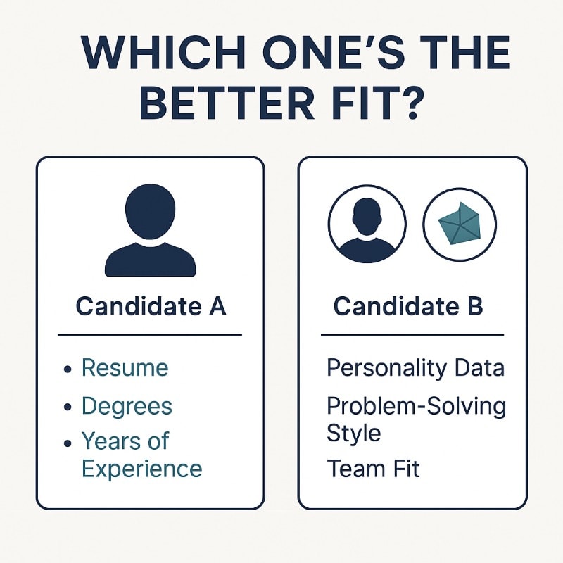 A professional side-by-side comparison graphic titled “Which One’s the Better Fit?” Candidate A’s profile highlights resume-based criteria: resume, degrees, and years of experience. Candidate B’s profile emphasizes behavioral insights: personality data, problem-solving style, and team fit, accompanied by a radar chart icon. The design uses a clean white background with dark navy and soft teal accents, reflecting a modern HR tech aesthetic.