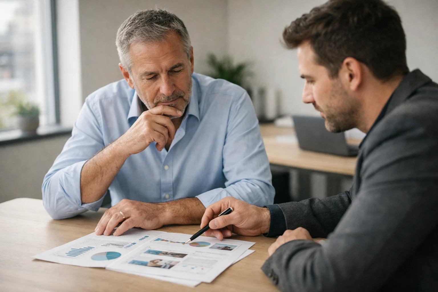 Business owner reviewing a marketing performance report with a consultant in a modern office.