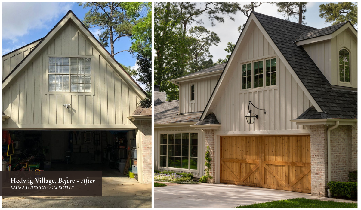 Before and after exterior renovation of a traditional Houston home featuring new board-and-batten siding, brick detailing, and custom wood garage doors.