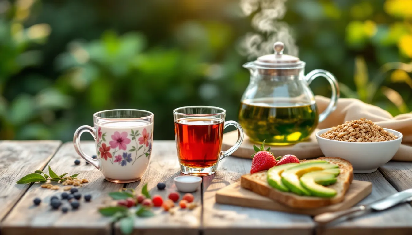 The image showcases a table filled with a variety of morning beverage alternatives, including herbal teas and green tea, alongside healthy breakfast foods. This arrangement highlights options that may be beneficial for those concerned about acid reflux, offering tasty alternatives to traditional caffeinated coffee.