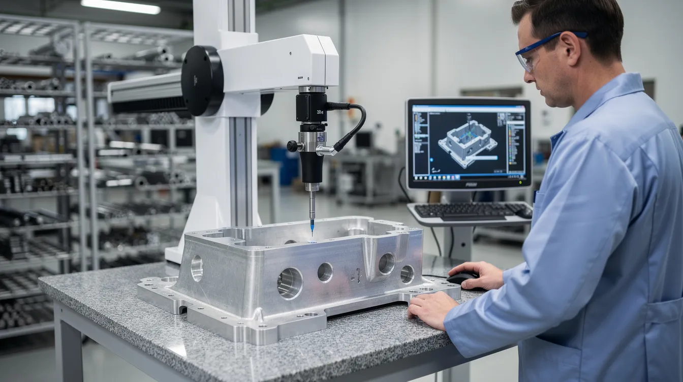 A quality inspector is seen using a coordinate measuring machine to accurately check the dimensions of a fabricated metal part, ensuring that it meets the specifications required for commercial projects. This detailed inspection process highlights the importance of reliable equipment and knowledgeable staff in maintaining high standards in metal fabrication.