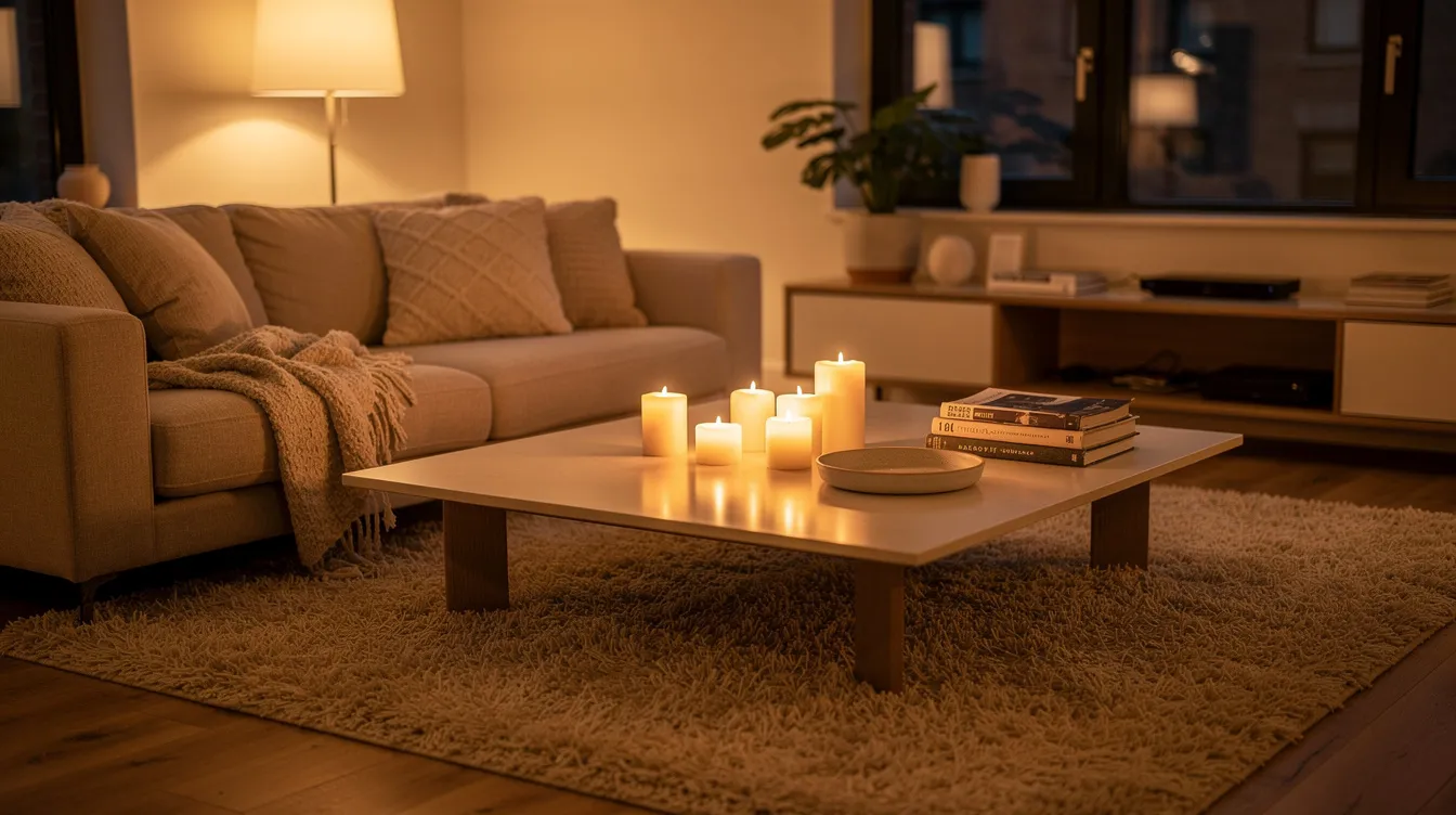 Een gezellige woonkamer met een keramische salontafel, omringd door kaarsen en boeken, en een warm vloerkleed dat een uitnodigende sfeer creëert. De keramische tafel heeft een luxe uitstraling en is onderhoudsvriendelijk, perfect voor dagelijks gebruik.