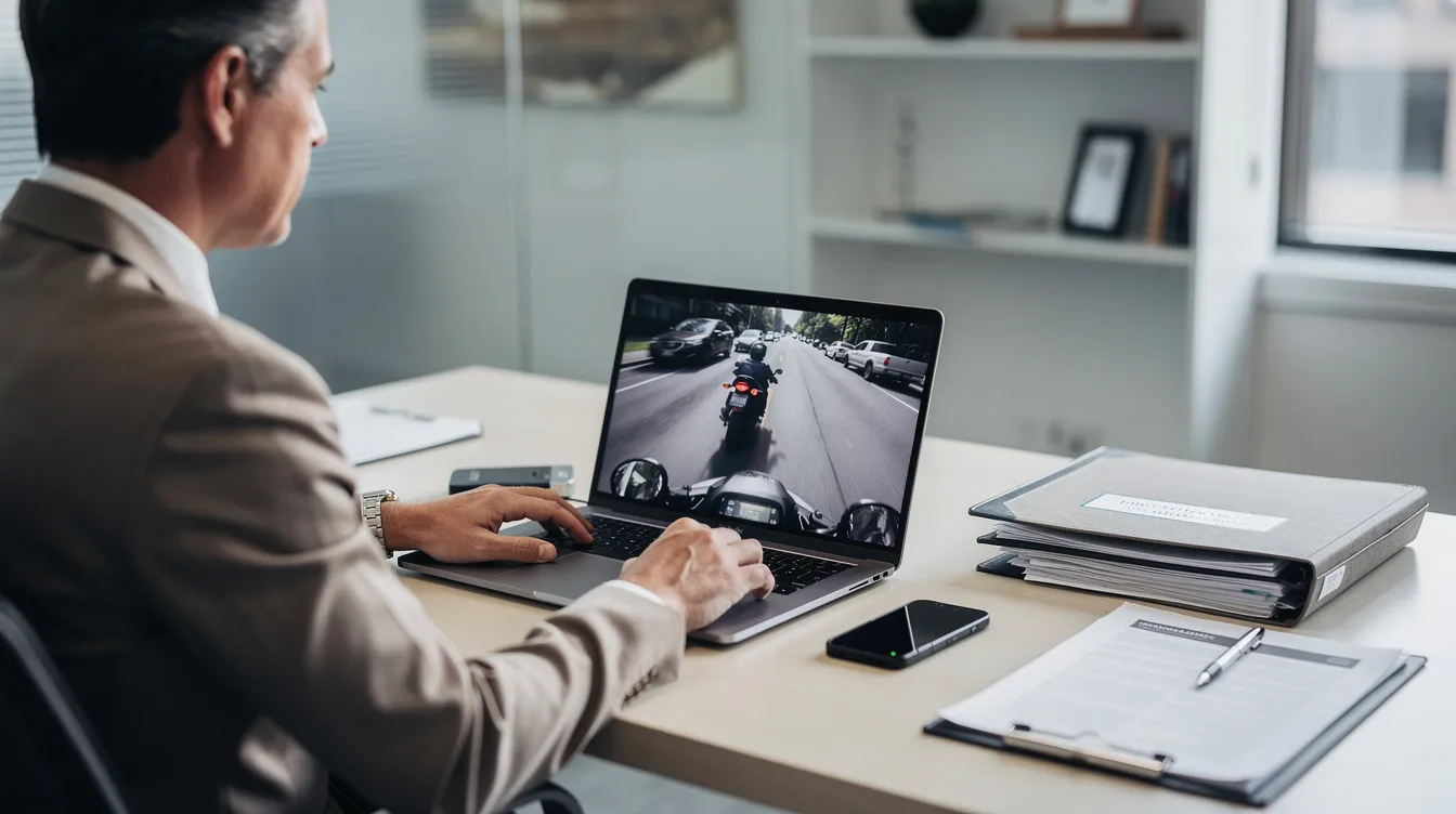 A personal injury lawyer in a modern Seattle office is intently reviewing motorcycle accident video evidence on a laptop, with a paused frame of helmet cam footage depicting a generic roadway scene. The clean desk is organized with legal documents and a smartphone, emphasizing the analytical process of evaluating video evidence for motorcycle accident claims.