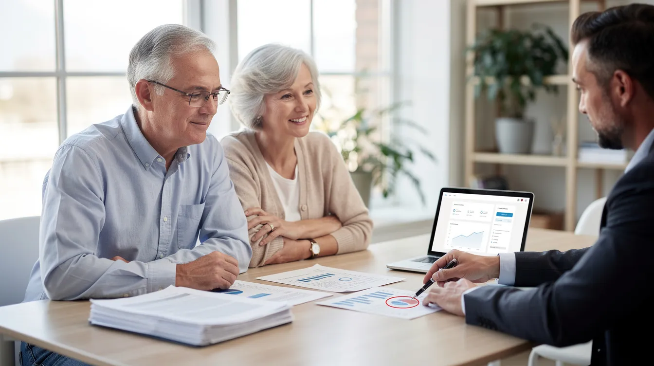 A retired couple is seated at a table in a bright office, discussing important documents with a financial advisor. The scene emphasizes their engagement in financial planning, highlighting the advisor's role in guiding them through complex financial decisions to secure their financial future.