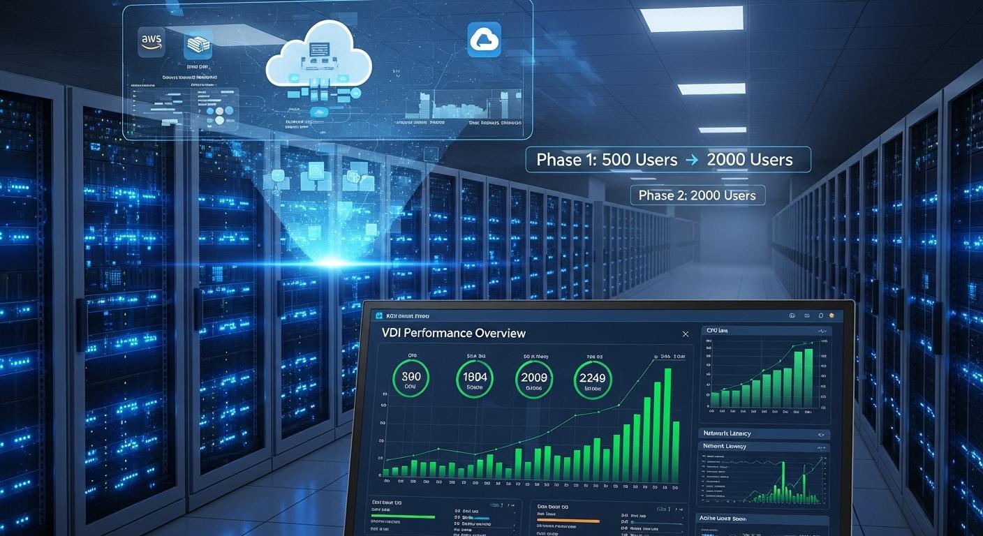 Enterprise virtual desktop infrastructure scaling from hundreds to thousands of users, with real-time performance monitoring and cloud resource allocation