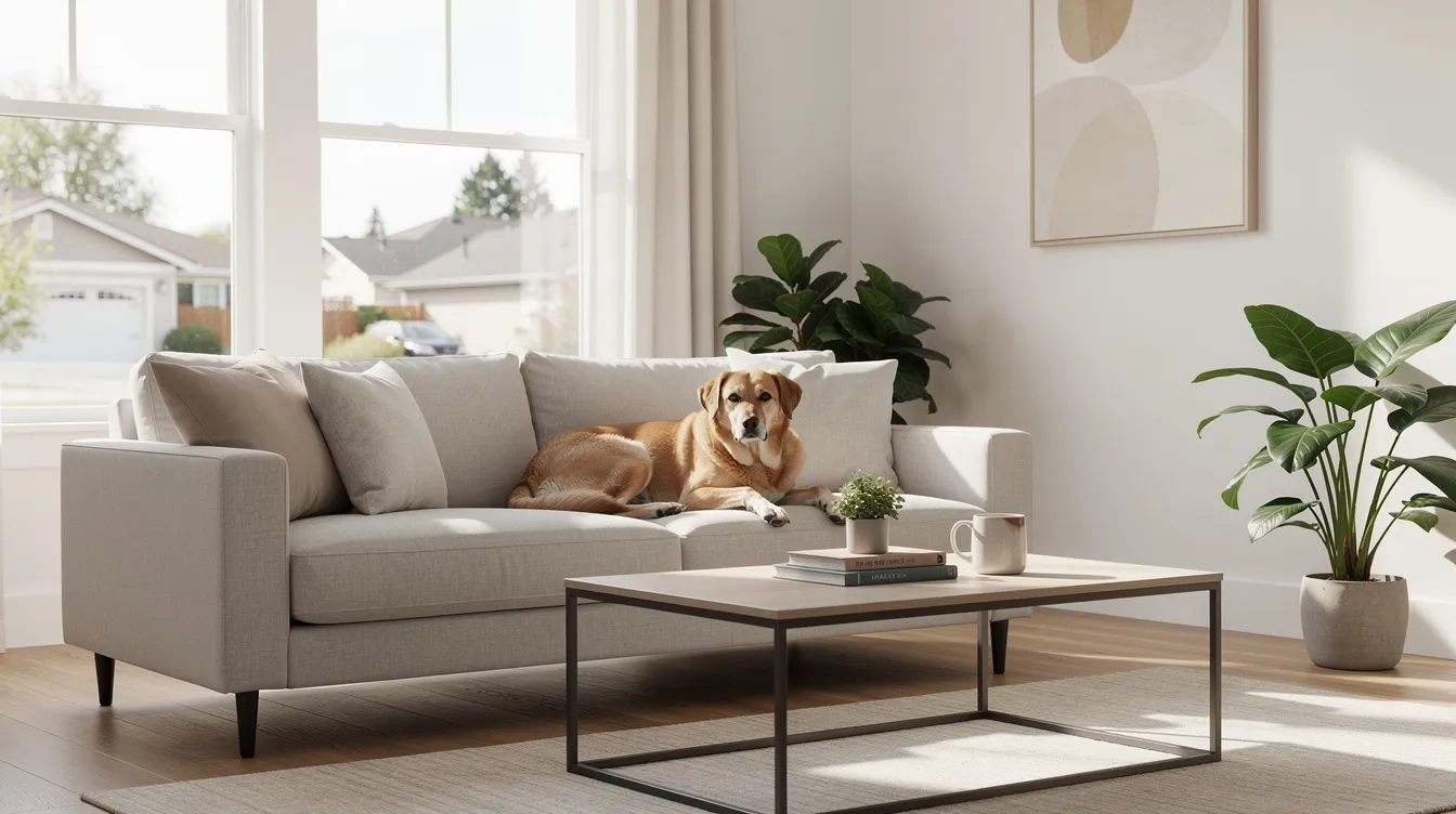 A bright and clean modern living room in a tidy Placer County home features a dog resting comfortably on a clean sofa, surrounded by fresh air and well-maintained surfaces. The space showcases the effectiveness of professional cleaning solutions, ensuring a fresh home free from pet odors and grime.