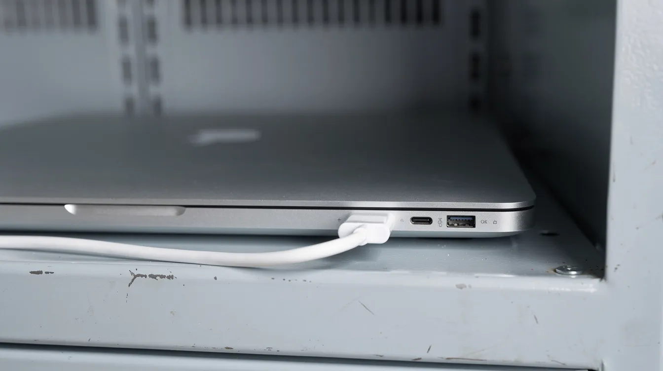 The image shows a clean USB-C cable connected to a modern slim laptop inside an open locker bay, highlighting the convenience of USB-C charging for multiple devices. The setup emphasizes the importance of secure storage while ensuring efficient power delivery through the USB-C port.