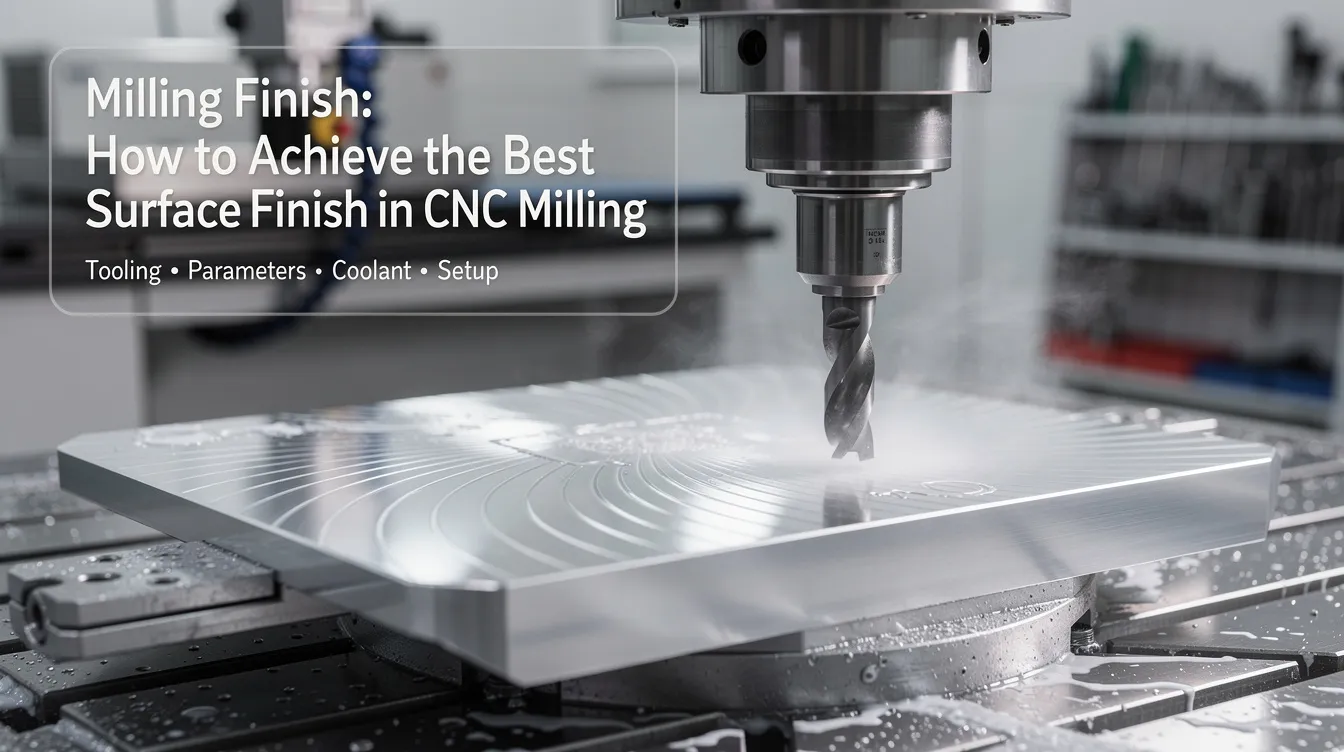 The image illustrates the CNC milling process, showcasing a machined part with a smooth surface finish achieved through optimized cutting parameters and tool selection. It highlights the importance of factors such as spindle speed, feed rate, and tool sharpness in achieving superior surface quality and minimizing tool deflection during machining operations.