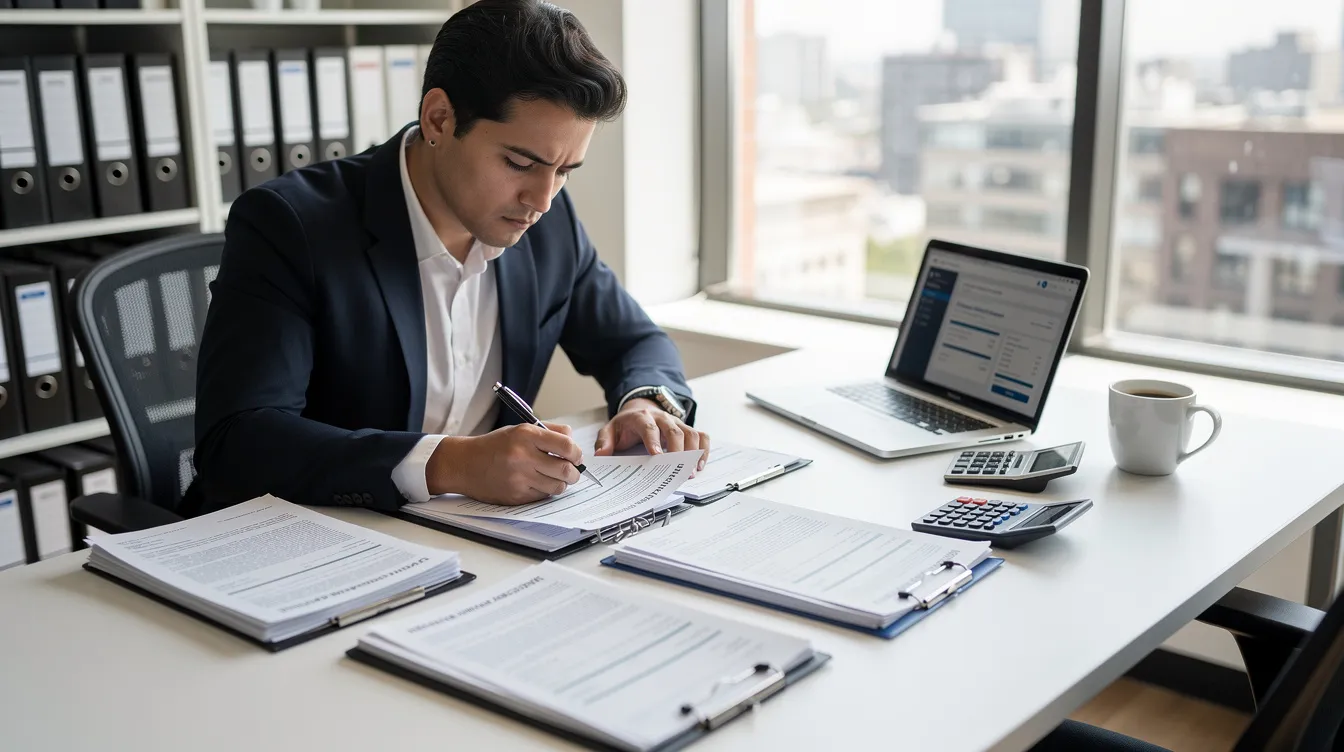 A person is seated at a table, carefully reviewing various insurance documents and paperwork, likely assessing their insurance policy and preparing for potential claims against their insurance company. The scene suggests a focus on understanding rights related to bad faith insurance practices and the importance of fair dealing in settlement negotiations.