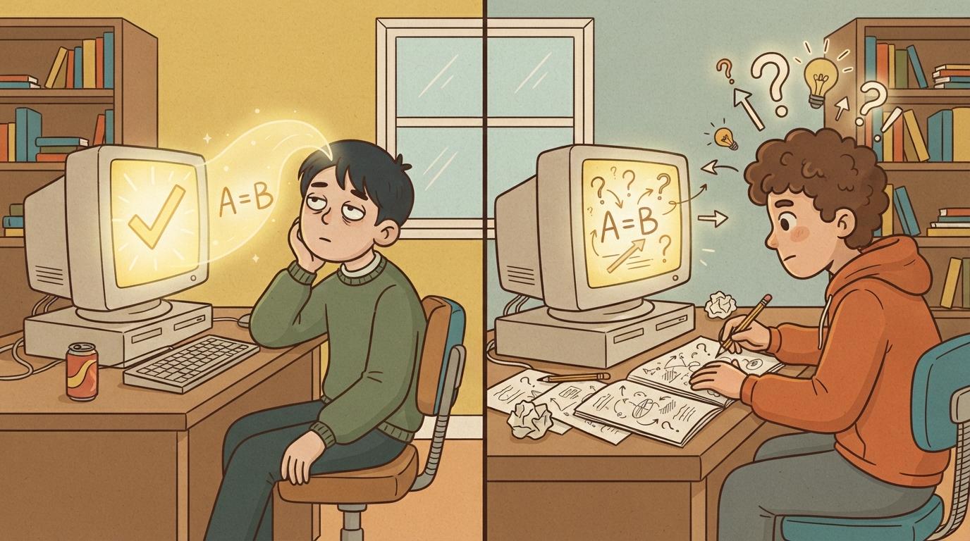 Split illustration comparing passive AI use versus active engagement, showing two different ways students use AI tools