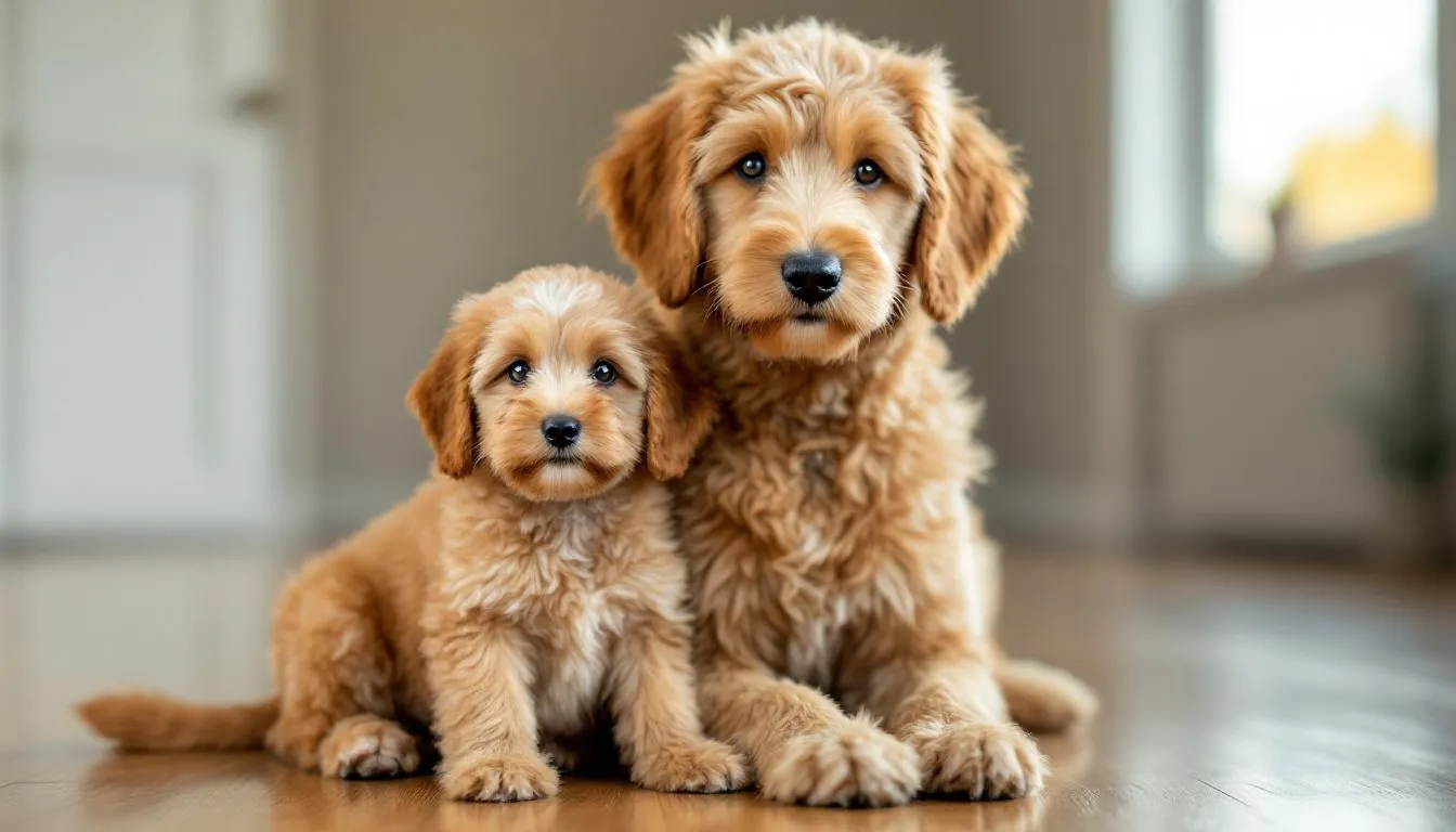 A mini Goldendoodle puppy sits beside an adult mini Goldendoodle, showcasing the size difference between them. Both dogs exhibit the adorable traits of the Goldendoodle breed, with the puppy being noticeably smaller, highlighting the typical size of mini Goldendoodles.