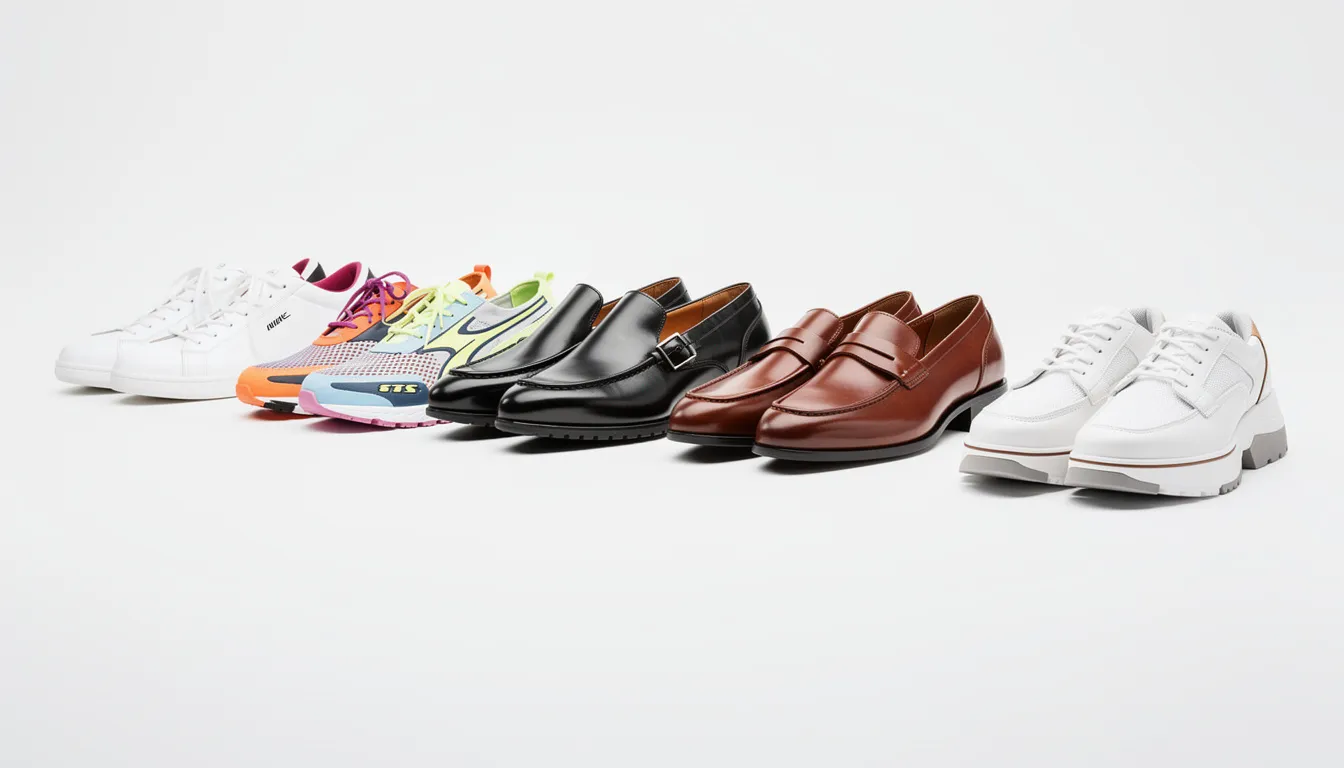 Op de afbeelding zijn verschillende soorten moderne schoenen uitgestald op een witte achtergrond, waaronder trendy sneakers, elegante laarzen en comfortabele slippers. Deze collectie toont een groot assortiment van topmerken, perfect om de laatste schoenentrends te ontdekken en te combineren met jouw stijl.