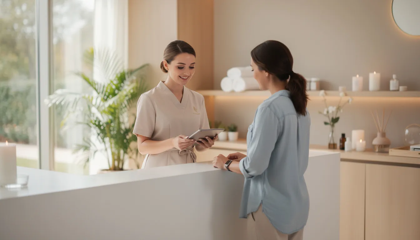 Una recepcionista en un spa moderno está atendiendo a un cliente mientras sostiene una tablet en la mano, utilizando tecnología para mejorar la experiencia del cliente. La escena refleja un ambiente relajante y profesional, donde la atención personalizada es clave para satisfacer las necesidades de los usuarios.
