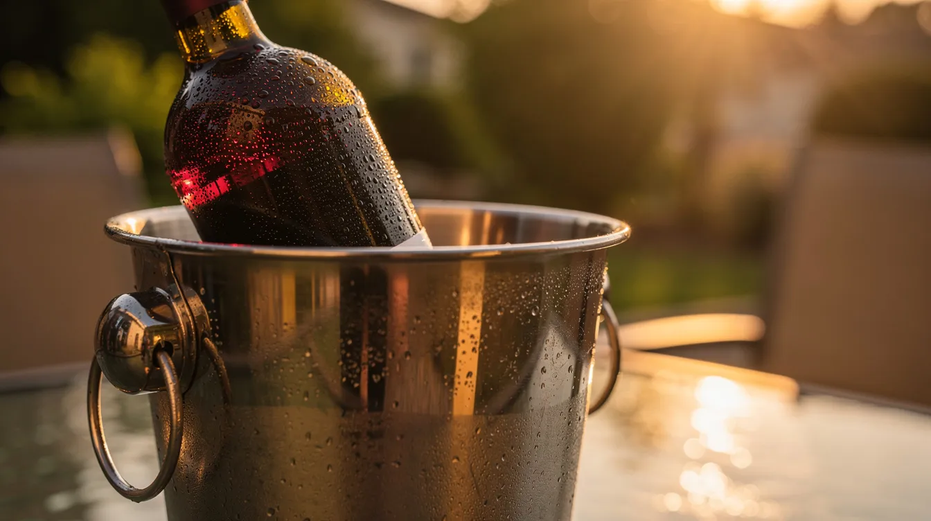 A condensation-covered bottle of summer red wine sits in an ice bucket on an outdoor patio table, basking in warm golden evening light. The scene captures a refreshing ambiance, perfect for enjoying lighter red wines like pinot noir or grenache during the hot summer months.