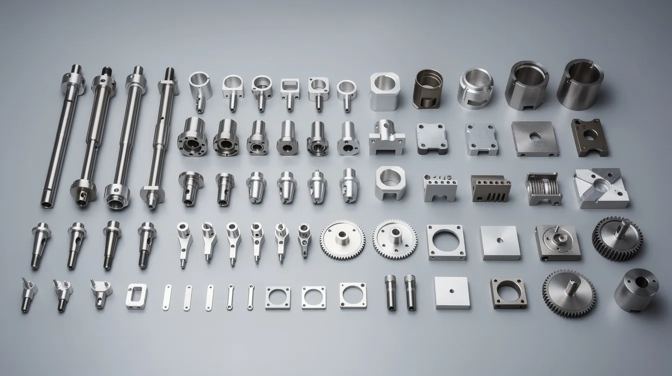 An array of precision machined metal parts, including custom machined aluminum parts and stainless steel components, is displayed on an inspection table, showcasing various surface finishes and tight tolerances. This setup highlights the capabilities of small batch CNC machining and low volume production methods for high-quality machined parts.