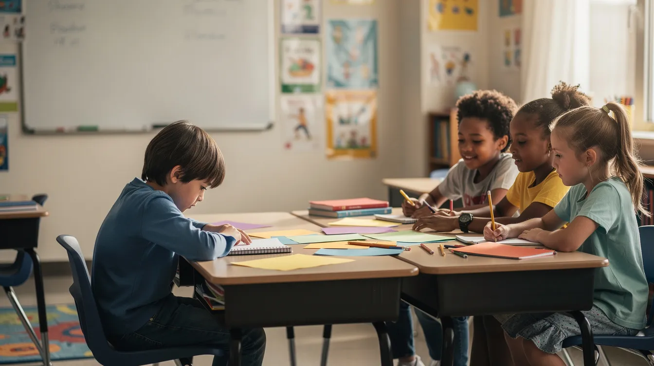 A child is sitting alone at their desk during a group activity, looking down, which may indicate they are struggling to engage with their peers or having difficulty processing auditory information. This scene highlights the challenges some children face in social situations, particularly those with language processing disorders or language delays.