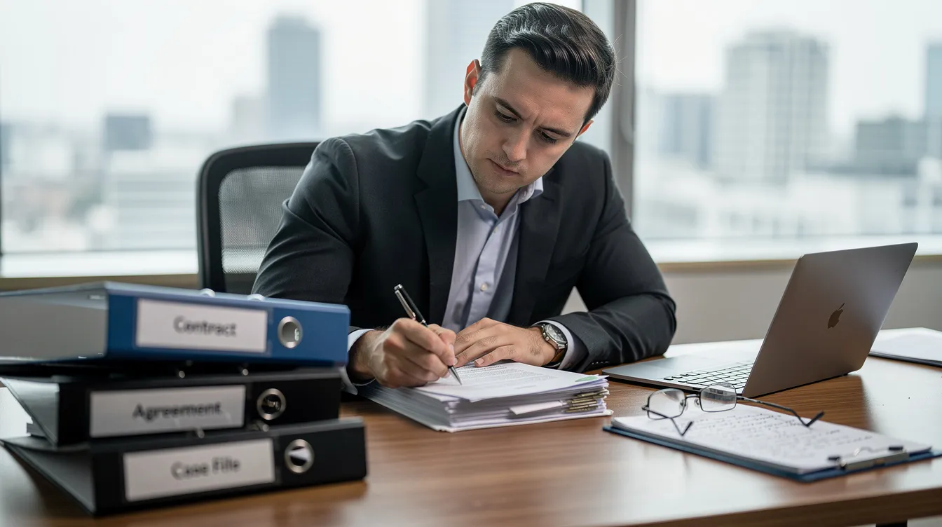 A professional sits at a desk, meticulously reviewing legal documents related to social security disability claims, surrounded by stacks of medical records and notes. The image highlights the importance of thorough documentation in the disability benefits application process, emphasizing the need to avoid common mistakes that could lead to claim denials.
