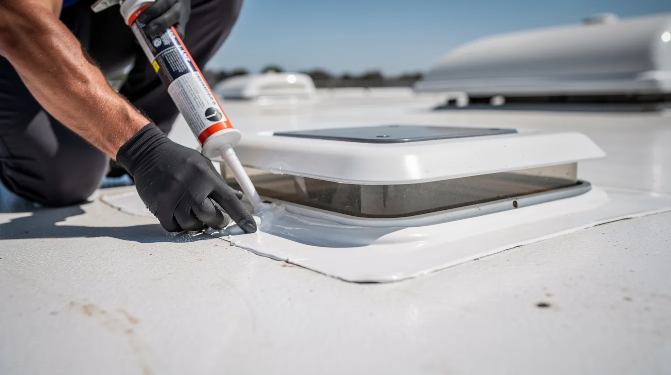 A technician is closely applying sealant to the roof of an RV near a vent, ensuring a watertight seal for maintenance and repairs. This routine maintenance is essential for RV owners to prevent leaks and maintain the quality of their mobile living space.