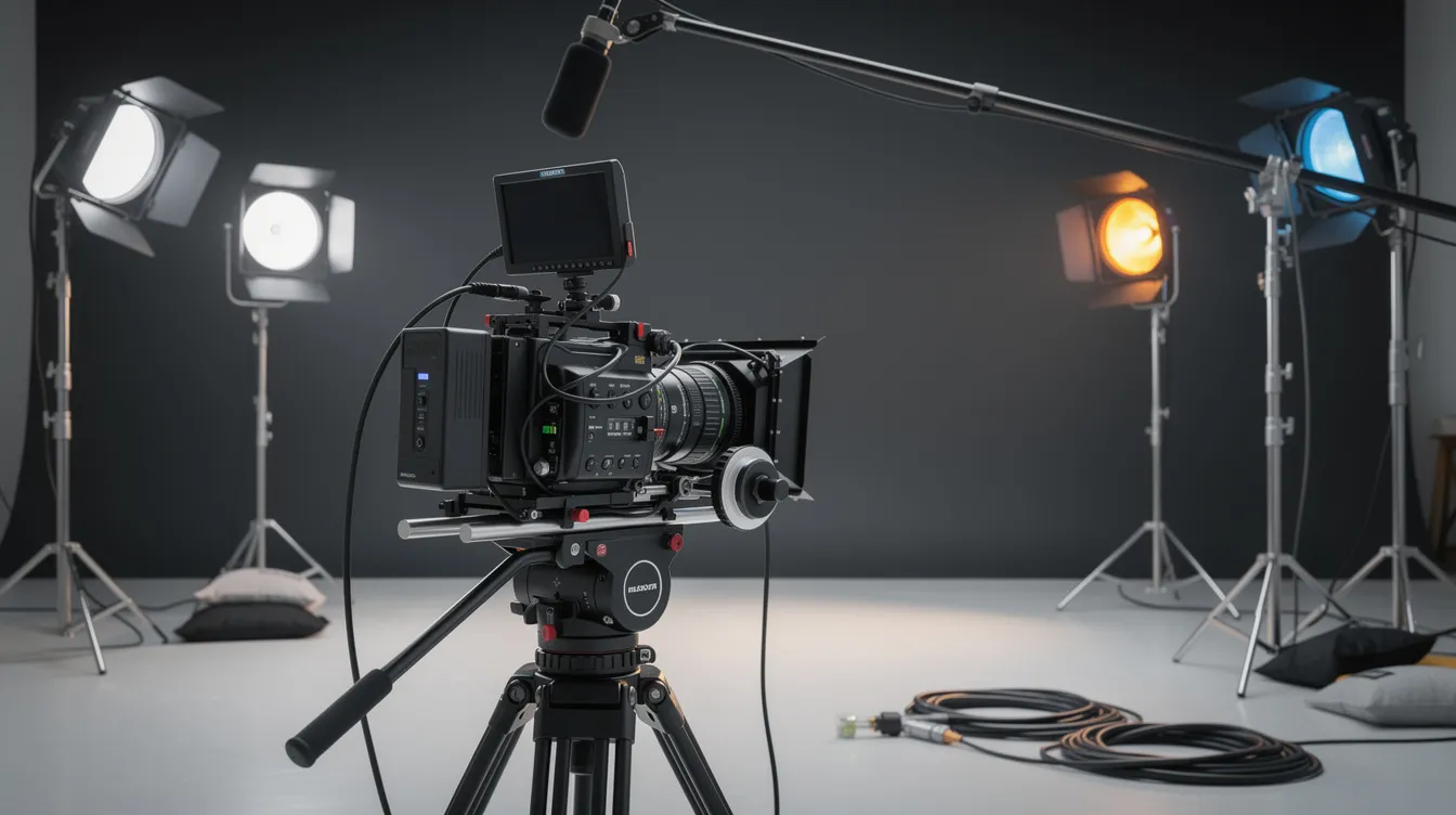 The image features a professional cinema camera alongside various lighting equipment in a well-equipped studio environment, highlighting the essential tools used by a video production company to create high-quality video content. This setup reflects the technical expertise and creative vision necessary for executing successful video projects.