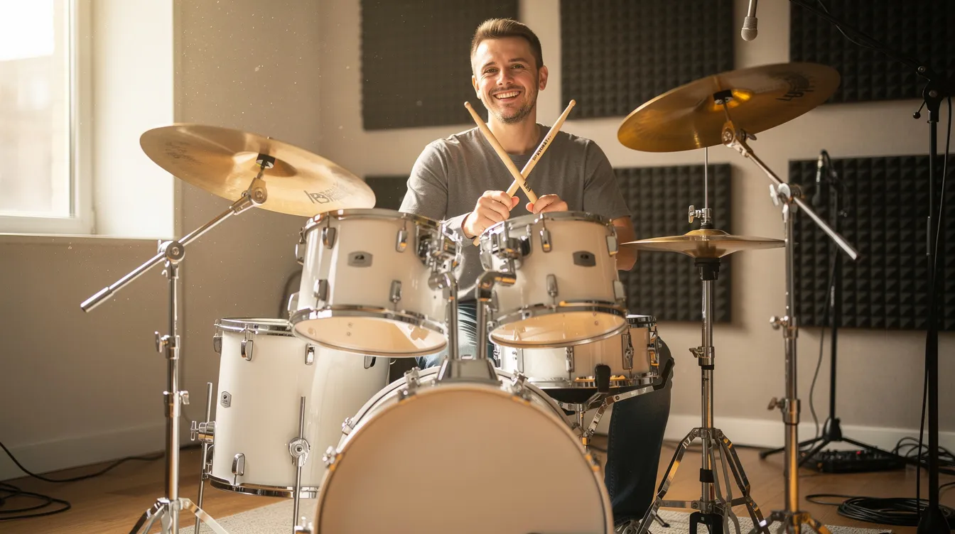Un batteur débutant souriant est assis derrière un kit de batterie dans une salle de répétition lumineuse, tenant des baguettes et entouré de cymbales neuves, dont une cymbale crash et un hi hat. Cette scène illustre l'enthousiasme et l'expérience positive d'un musicien en herbe prêt à découvrir les joies de la batterie.