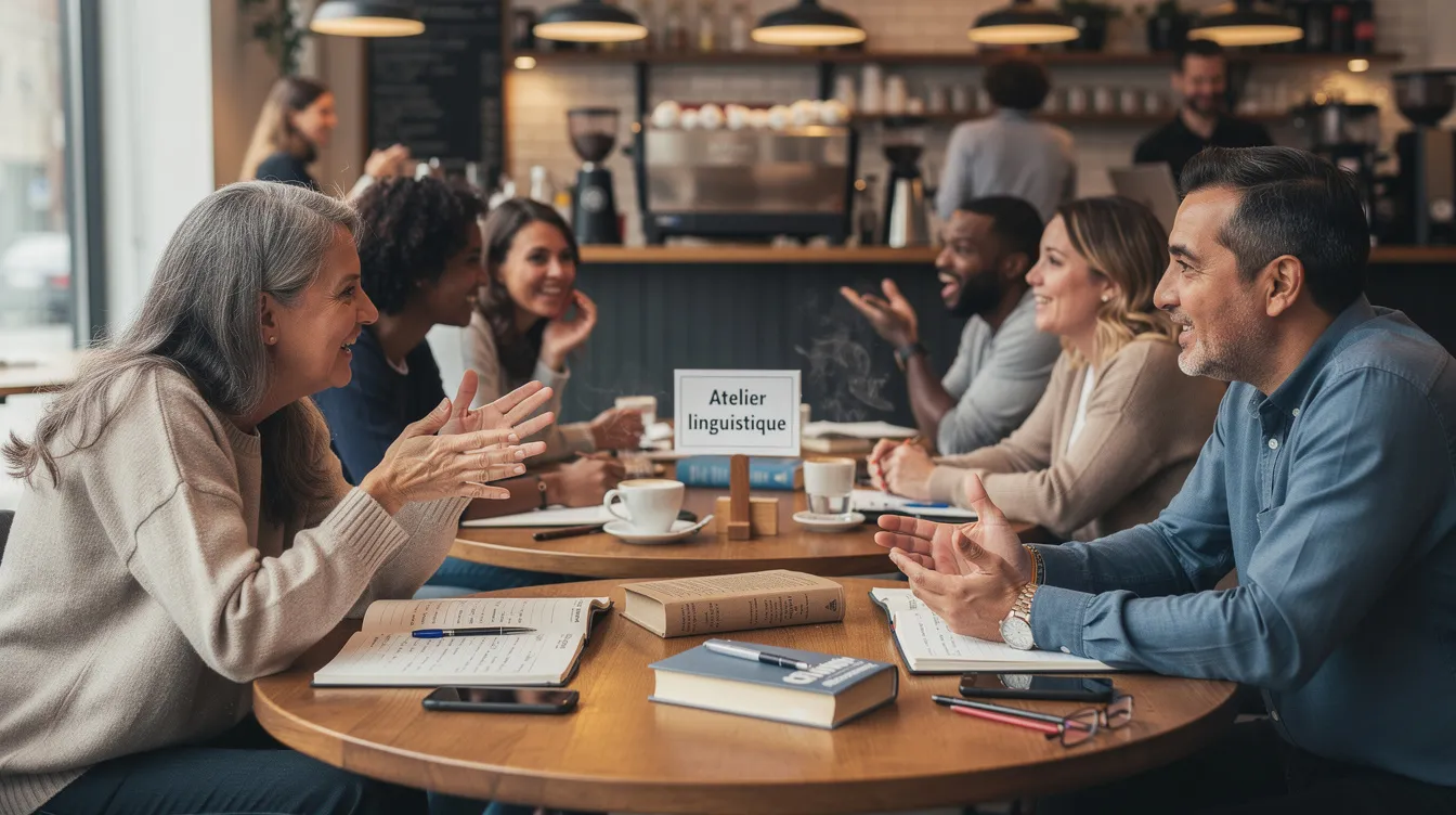 Un groupe d'adultes discute dans un café, échangeant des conseils sur l'apprentissage de l'anglais lors d'une activité linguistique. Ils partagent leurs expériences et stratégies pour améliorer leurs compétences en langue, tout en savourant une ambiance conviviale.