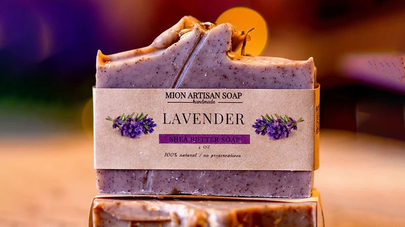 Cardboard sleeve on handmade soap by Mion