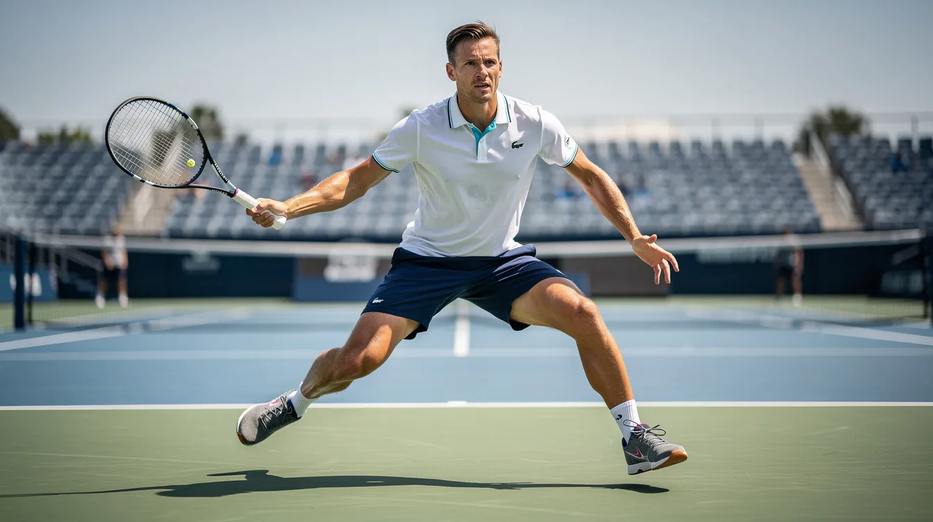 A tennis player is captured mid-split step on a hard court, with both feet slightly off the ground and knees bent, preparing to react to an opponent's shot. Their arms are outstretched, holding a racquet ready to generate power and control for the next shot.