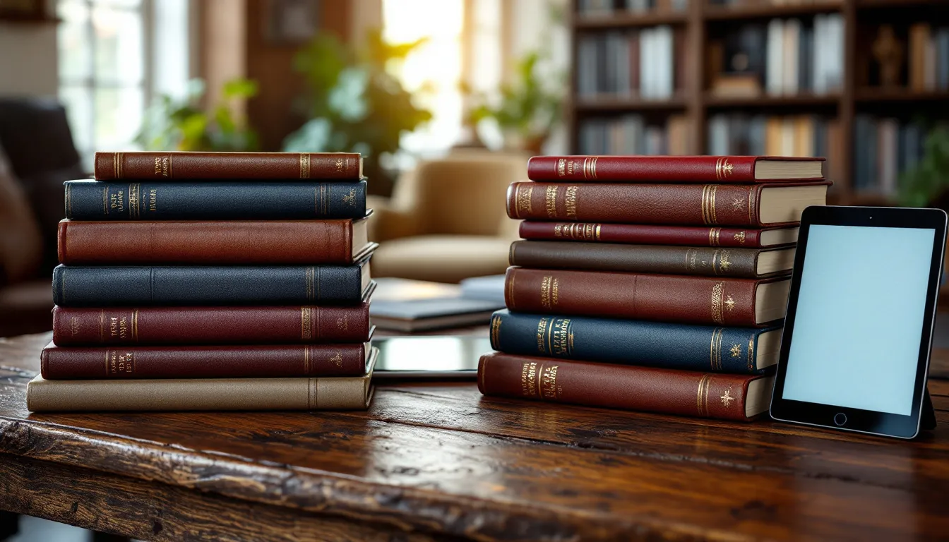 Das Bild zeigt den Vergleich zwischen traditionellen Büchern und modernen Tablets, die beide als Lernmittel in Schulen eingesetzt werden. Auf der einen Seite sind Bücher stapelweise angeordnet, während auf der anderen Seite Tablets in verschiedenen Farben und Größen zu sehen sind, was die Entwicklung und den Aufstieg von KI-Technologien im Bildungsbereich symbolisiert.