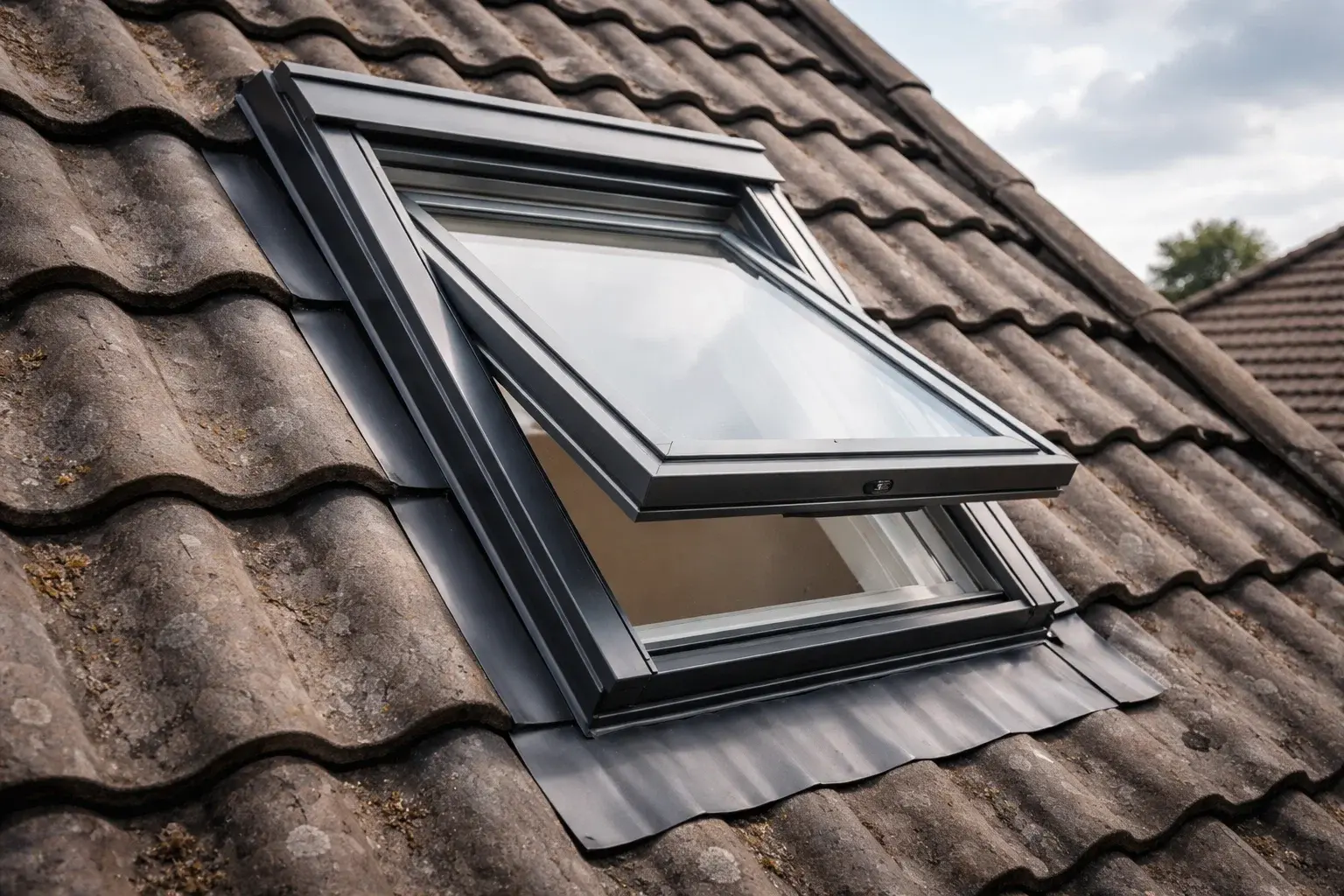 Close up of a Velux roof window fitted into a pitched roof in the UK