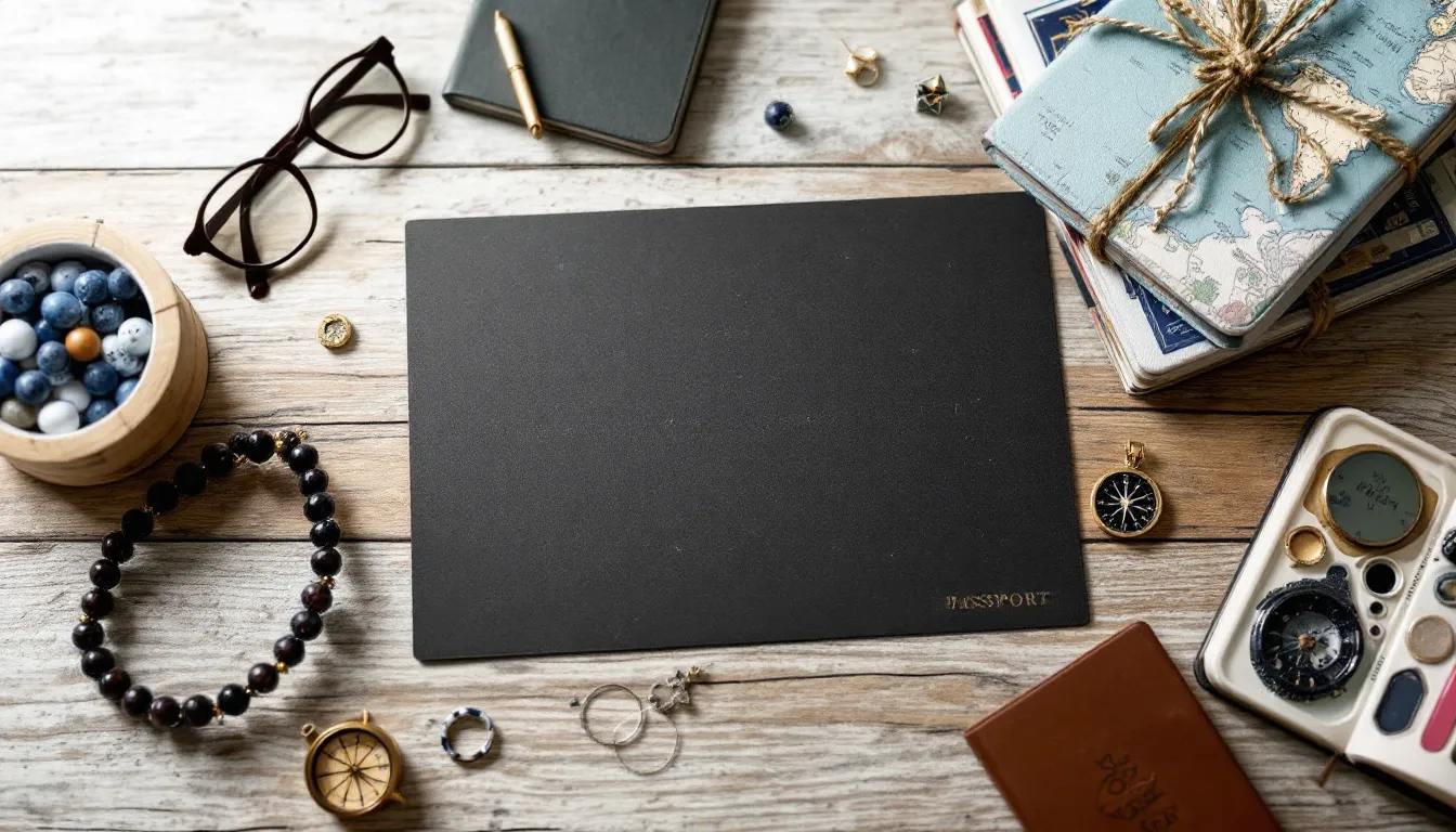 Unique travel gifts including a scratch map and travel-themed jewelry.