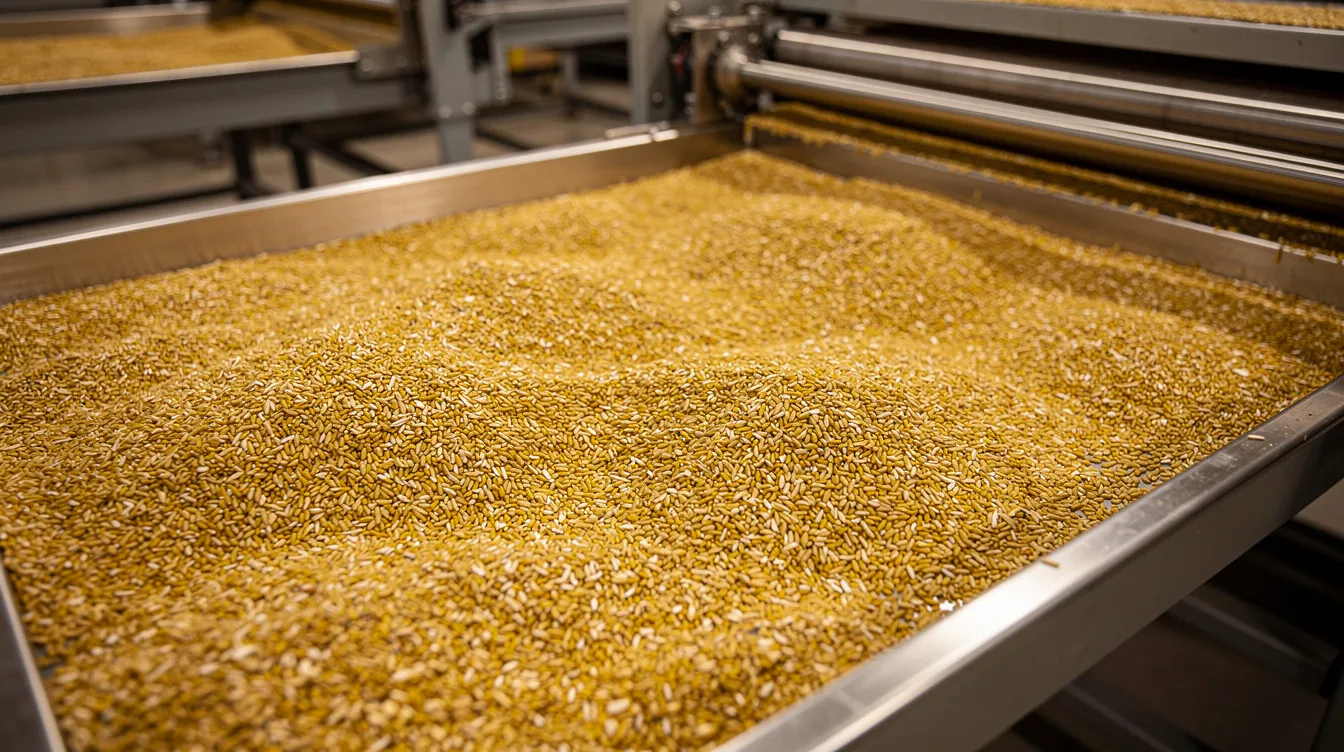 18933cf4 864f 4048 8950 9734b3e77f44 The image shows golden flattened rice grains spread out on a metal tray in a factory setting, highlighting the manufacturing process of this popular food product. The grains, also known as poha, are ready to be processed further for packaging and distribution, showcasing the raw material procurement and production stages in the industry.