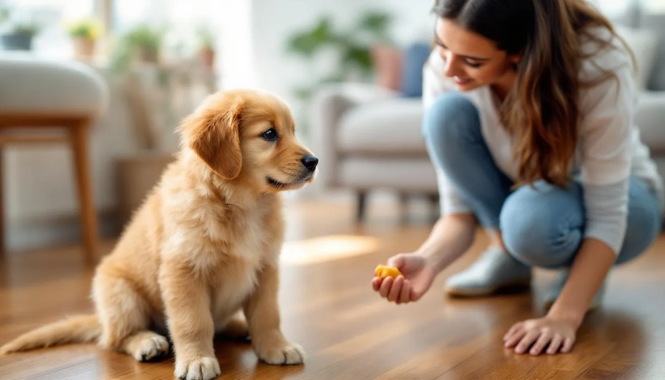 A mini goldendoodle puppy is attentively sitting during a training session, focused on their owner, showcasing their playful and well-socialized nature. This perfect puppy exemplifies the loyal traits of mini goldendoodles, making them ideal companions for families.