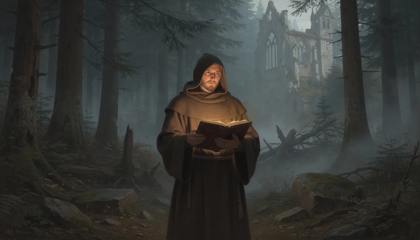 Ein mittelalterlicher Mönch in einem dunklen Gewand steht in einem dichten Schwarzwald, umgeben von nebligen Kiefernbäumen und den Ruinen eines versteckten Klosters. Er hält ein altes, leuchtendes Buch in der Hand, während warmes Kerzenlicht eine geheimnisvolle Atmosphäre schafft.